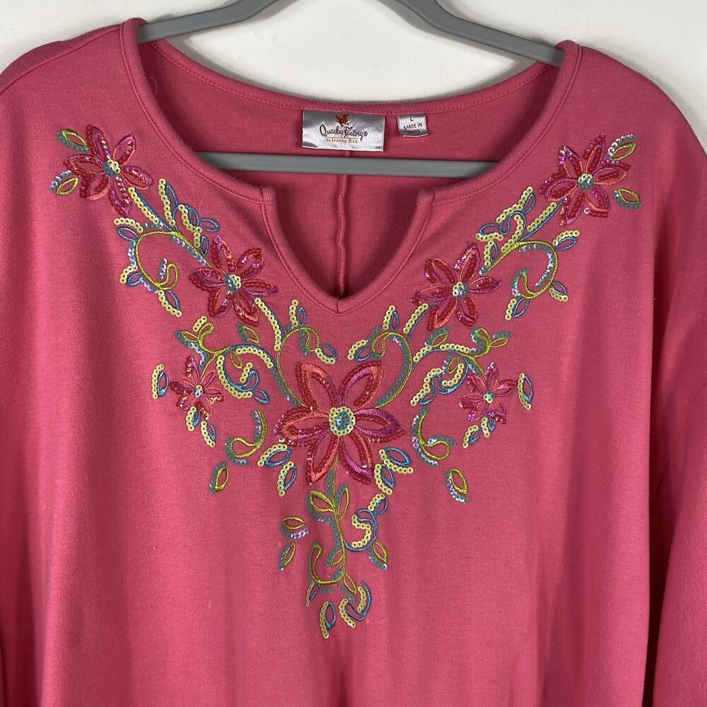 Quacker Factory Size Large Embroidered Floral Sequin Knit Kaftan Dress Pink - Picture 3 of 7